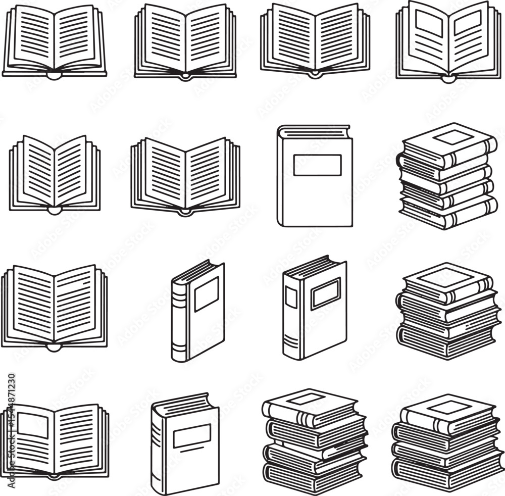 Fototapete collection of black and white line drawings illustrating open books single books and stacks of books