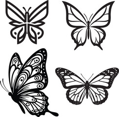 Obraz premium Four Black and White Butterfly Designs Geometric Abstract Detailed Wing Patterns Simple Elegant Line Art Illustrations Set