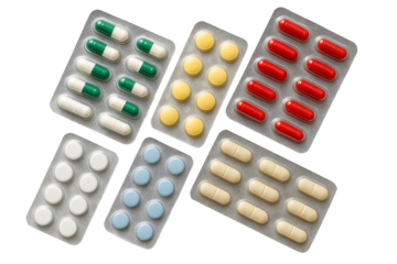 Assorted Blister Packs of Capsules and Tablets Isolated on White