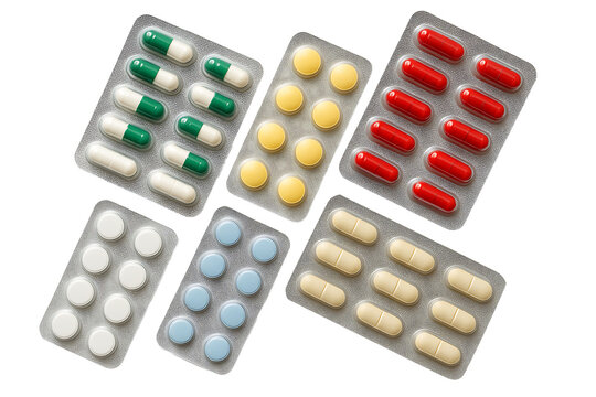 Assorted Blister Packs of Capsules and Tablets Isolated on White