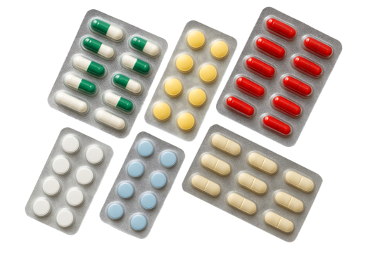 Assorted Blister Packs of Capsules and Tablets Isolated on White
