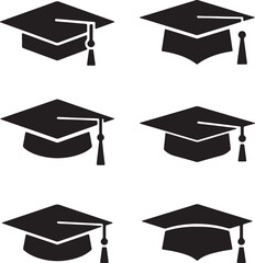 Six Black Graduation Caps with Tassels Simple Icons Set Education Symbols Graduation Ceremony Vector Illustration