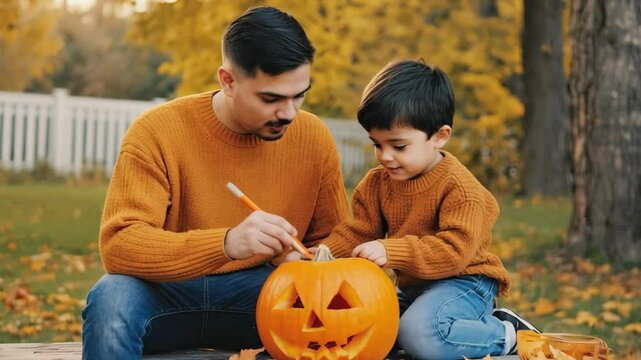 Father and son enjoy pumpkin carving together in autumn setting with colorful leaves and a bright orange pumpkin. Halloween fall holiday