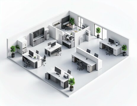 Isometric view of a modern office interior design with workstations desks and cubicles