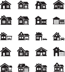 Fototapeta premium Sixteen Black Silhouettes of Houses Various Styles and Sizes Including Garages and Carports on White Background Simple Home Icons Set Real Estate