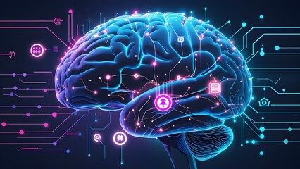 Stylized illustration of a human brain with digital circuit elements, glowing neural connections, and AI icons.