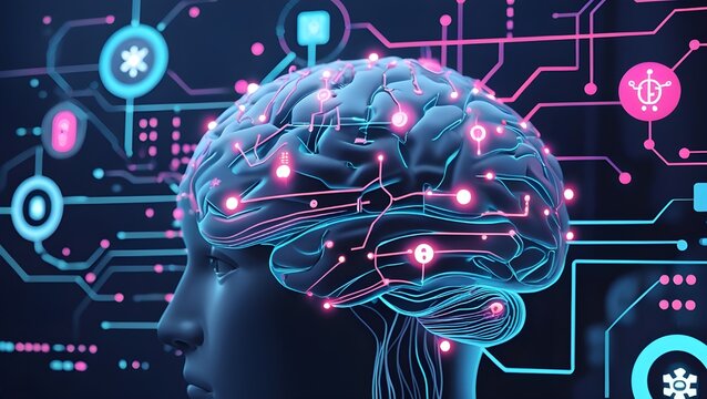 Stylized illustration of a human brain with digital circuit elements, glowing neural connections, and AI icons. - Powered by Adobe