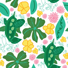 green peas, yellow flowers, pink flowers and green leaves with spiral bushes seamless pattern. Green peas with yellow and pink flowers with green spiral herbs seamless pattern. 