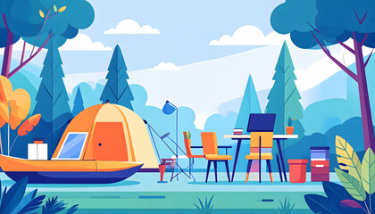 Pixel Art Illustration of a Serene Camping Workspace in a Lush Forest