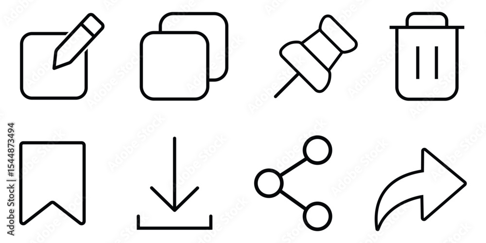 Poster copy, paste, pin, forward vector icon set. social networking icon set. toolbar icons set. simple int