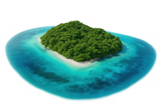 Lush vegetation covers a small tropical island surrounded by crystal-clear turquoise water, ideal for travel and tourism projects