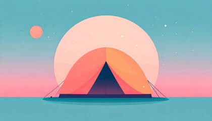 Pixel Art Tent at Sunset on a Pink Beach