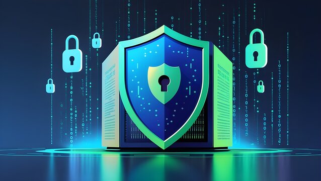 Flat vector illustration of a digital security shield in front of a data server, surrounded by padlock icons and binary code. Gradient tones in blue and green.