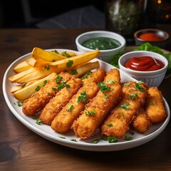 Crispy Fish Sticks and Fries on a Plate with Condiments and Parsley Garnish