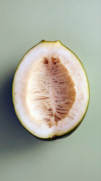 A photorealistic ultra-HD image of a half kedondong fruit with a smooth, glossy green skin and sligh