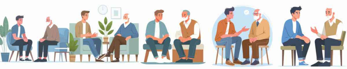 young man character vector talking to grandfather