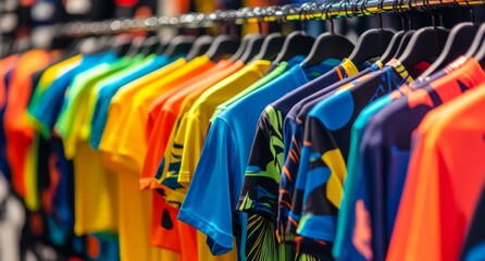 Colorful Display of Sports T-Shirts in Bright Clothing Store