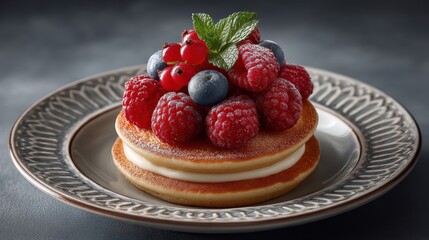 A delicious stack of pancakes topped with fresh raspberries, blueberries, and a sprig of mint, beautifully arranged on an elegant plate, perfect for breakfast or a dessert treat.