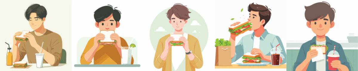 vector character young man eating sandwich