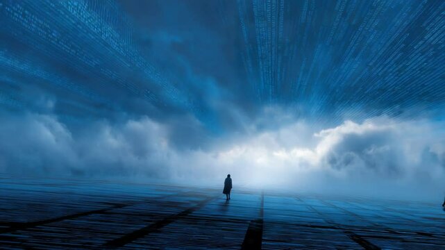 A contemplative figure stands between data streams and cloudy abstraction