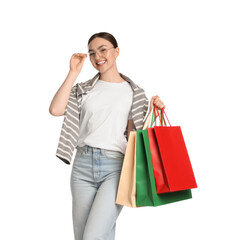 Positive woman with shopping bags on white background