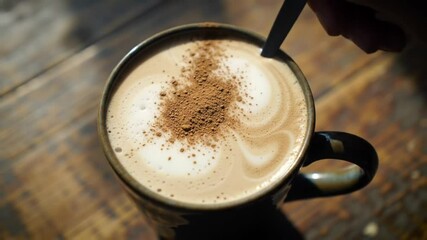 A spoon pouring powder into a mug of coffee with foam on a wooden surface in bright sunlight - Powered by Adobe