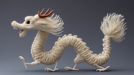 Fototapeta premium A whimsical representation of a dragon crafted from delicate materials, showcasing fine details and a playful expression. Perfect for creative projects and cultural themes.