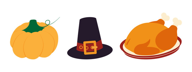Autumn Pumpkin, Pilgrim Hat and Fried Turkey on plate Thanksgiving symbols Flat design Elements Set