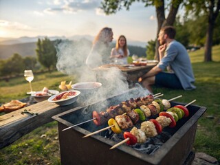 The company grills shashlik outdoors and relaxes