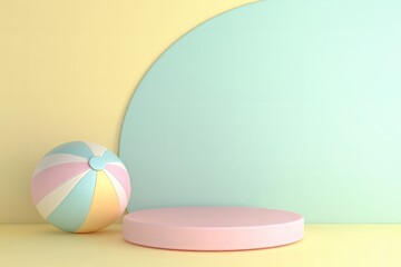 Space with empty pastel-colored podium and beach ball .
