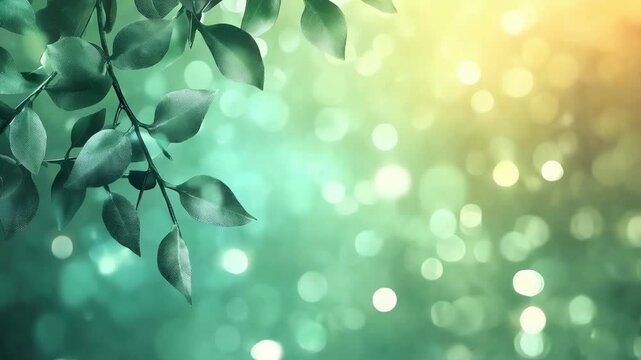 Charming nature video background with green leaves and twinkling sunlight bokeh lights
