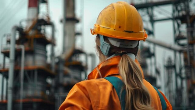 Female engineer in safety helmet and orange uniform inspecting industrial plant with metal structures and pipelines.