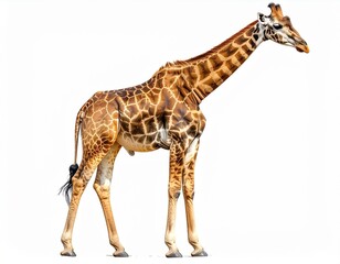 Naklejka premium Giraffe standing isolated on white background detailed view of its coat pattern and long neck