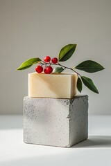 A bar of soap with green leaves and red berries on top, sitting atop two concrete blocks against a gray background. 