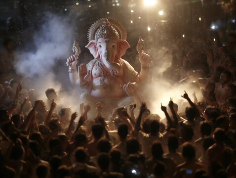 energetic scene of a ganpati visarjan procession in mumbai with enthusiastic crowds and vibrant deco