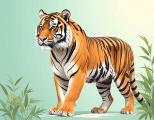 Majestic Bengal tiger standing amidst lush green foliage Striped coat detailed