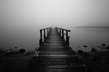 Obraz premium Silhouette Wooden Pier in Dense Morning Fog with Calm Water Reflections