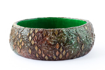 Flower pot for bonsai in mixed media style. On a white background.