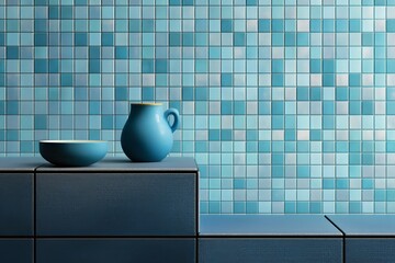 A close-up of light blue glass mosaic tiles arranged in an intricate pattern.