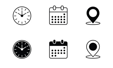 minimalist black and white vector icon set featuring clocks, calendars, and map markers representing time, date, and location concepts