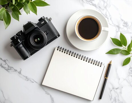 Modern flat lay with a DSLR camera, coffee mug, and notebook on a marble desk - Powered by Adobe