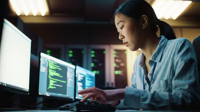 Focused cybersecurity expert analyzing code in a secure server room setting
