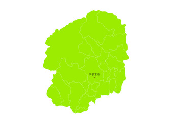 日本の栃木県の行政区分付き地図
