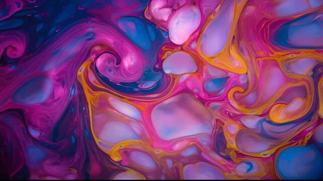 Vibrant abstract fluid art with swirling patterns in pink, blue, purple, and orange colors.