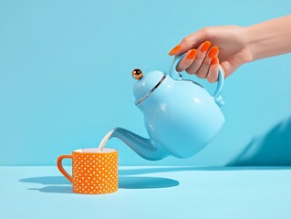 A hand with orange nails pours milk from a pastel blue coffee pot into a cup with light blue background.