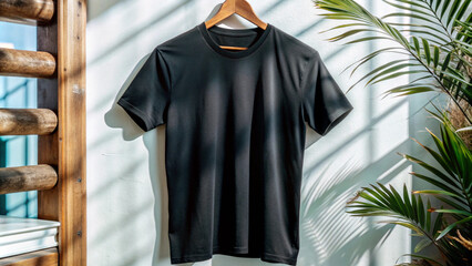 Black T Shirt Hanging on Wooden Hanger with Plant and Wooden Ladder