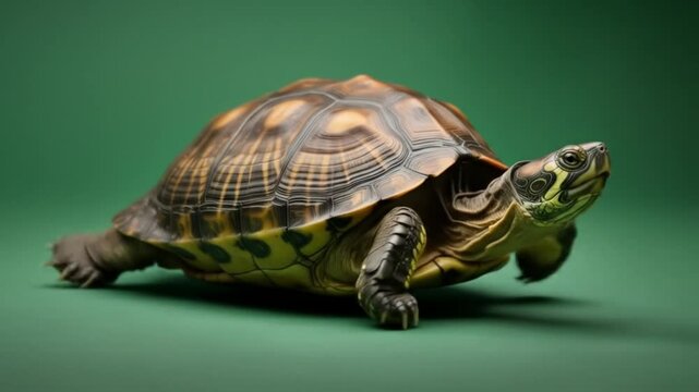 A turtle with a patterned shell walking on a green surface in a studio shot