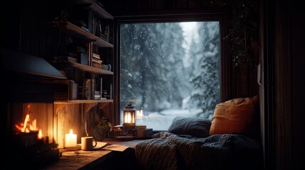 Tranquil winter scene, snowy landscape viewed through a frosty window serene