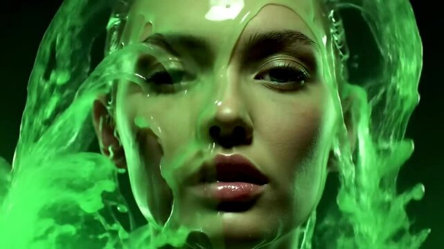 A woman's face covered in bright green slime with a dark background and dramatic lighting effects