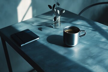 A minimalist metallic blue desk with an metallic blue closed laptop and metallic notebook.